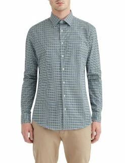 Olive & Navy Dobby Check Slim Fit Dress Shirt