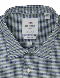 Olive & Navy Dobby Check Slim Fit Dress Shirt -clothing Shop HBS1775.collar