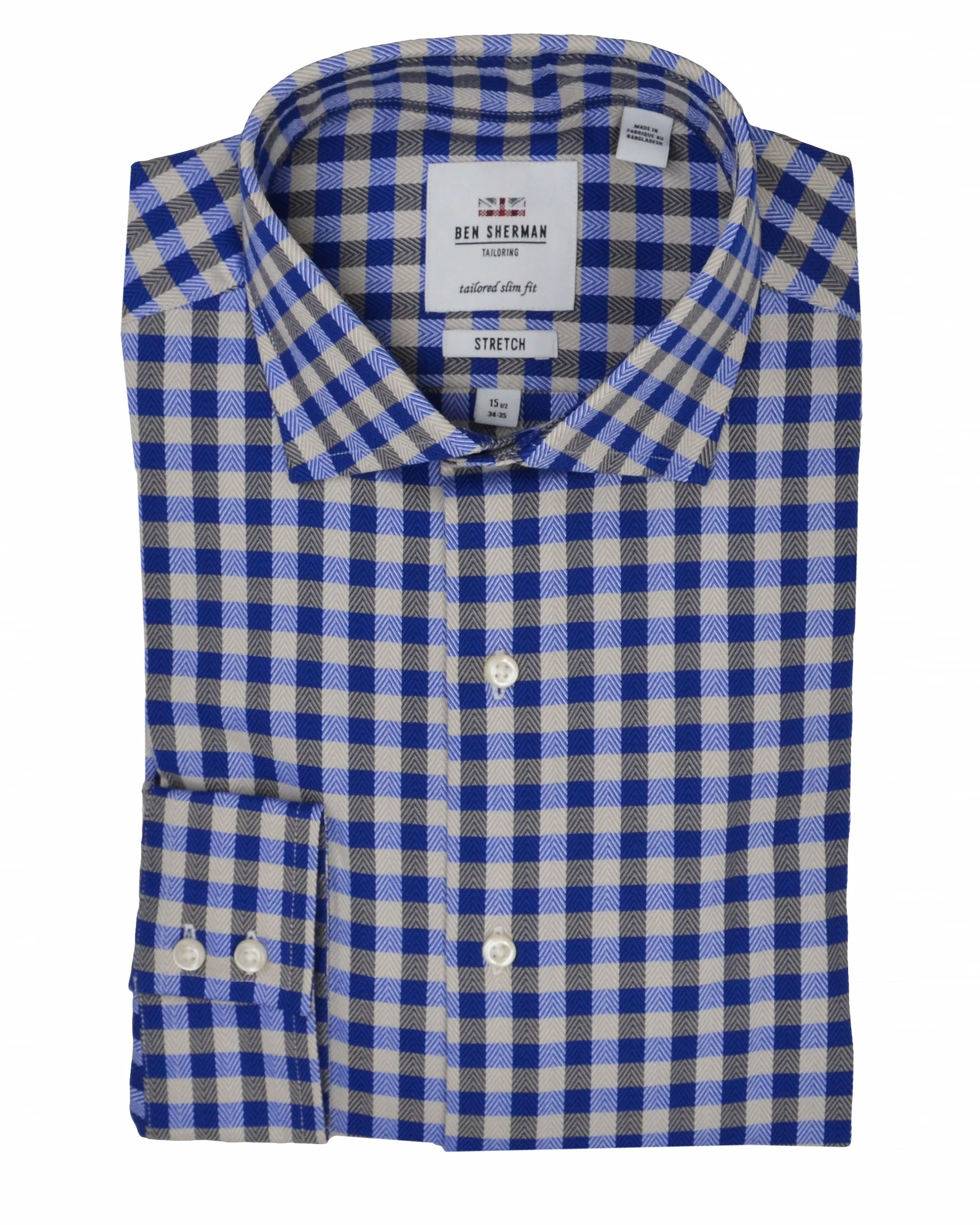 Navy & Tan Herringbone Check Slim Fit Dress Shirt 1 Navy & Tan Herringbone Check Slim Fit Dress Shirt