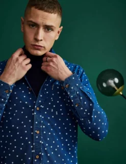 Indigo Spot Print Long-Sleeve Shirt -clothing Shop LOOK 002 B1