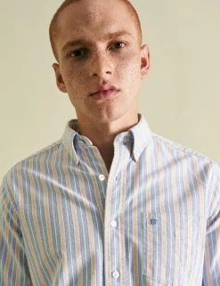 Custom Brighton Oxford Organic Shirt - Collegiate Blue Stripe -clothing Shop LOOK 006 55 92fdd840 c48e 42df bc94 474d2d9007cf scaled