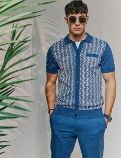 Geo Jacquard Knit Button-Down Polo