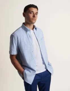 Seersucker Short Sleeve Bengal Stripe Shirt - Light Blue/Ecru