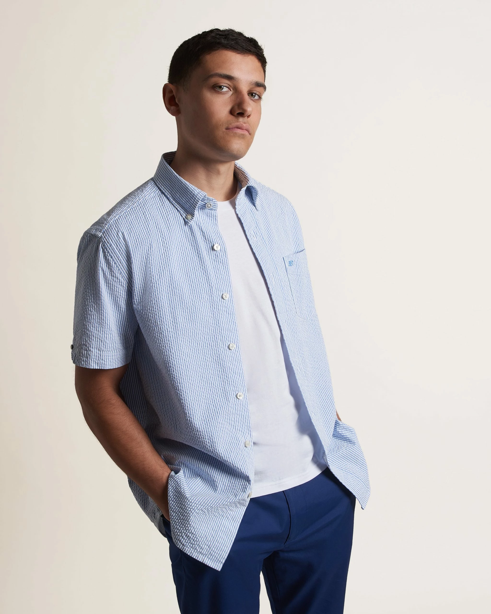 Seersucker Short Sleeve Bengal Stripe Shirt - Light Blue/Ecru 1 Seersucker Short Sleeve Bengal Stripe Shirt - Light Blue/Ecru