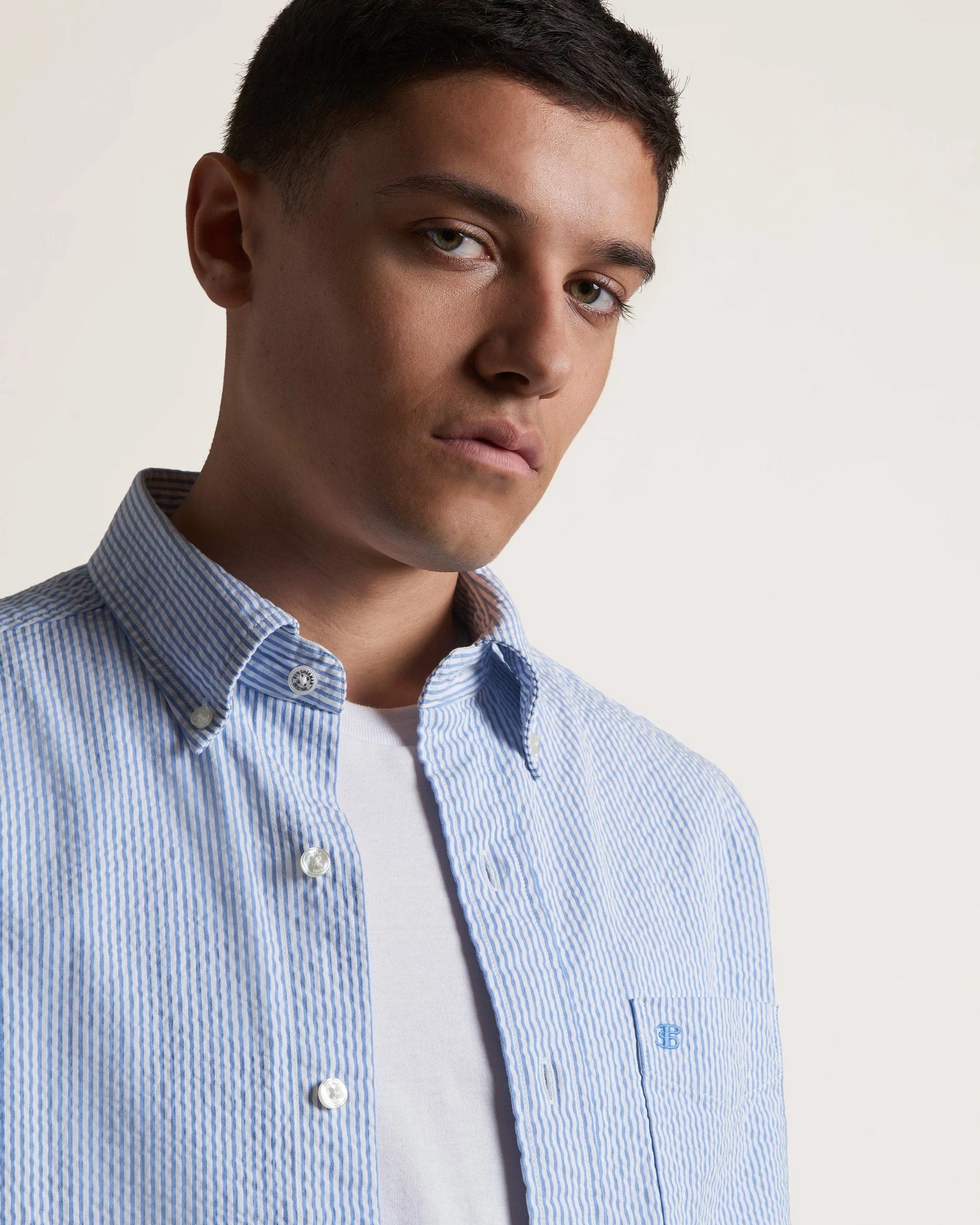 Seersucker Short Sleeve Bengal Stripe Shirt - Light Blue/Ecru 2 Seersucker Short Sleeve Bengal Stripe Shirt - Light Blue/Ecru - Image 2