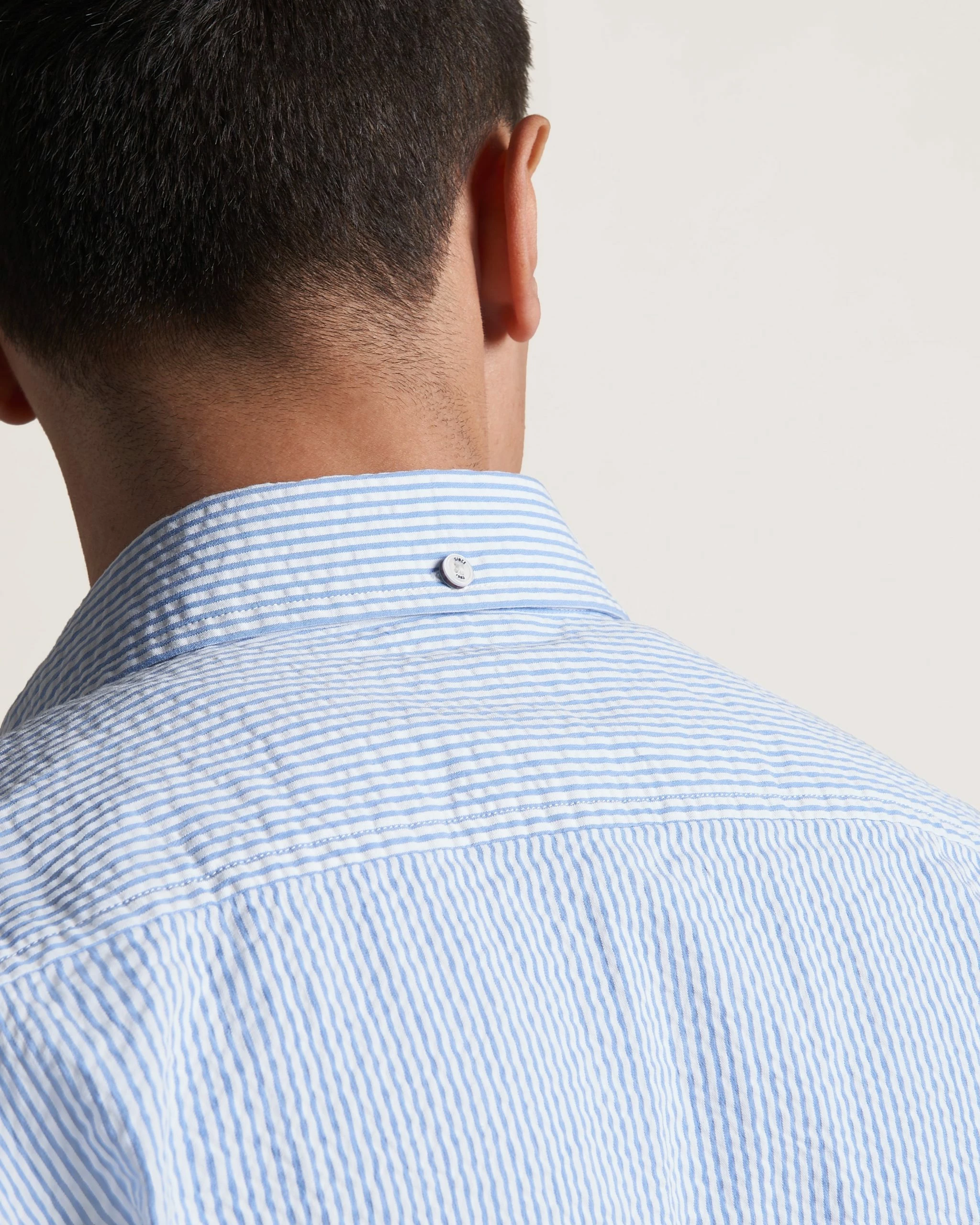 Seersucker Short Sleeve Bengal Stripe Shirt - Light Blue/Ecru 5 Seersucker Short Sleeve Bengal Stripe Shirt - Light Blue/Ecru - Image 5