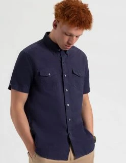 Garment Dye Short-Sleeve Linen Shirt - Navy