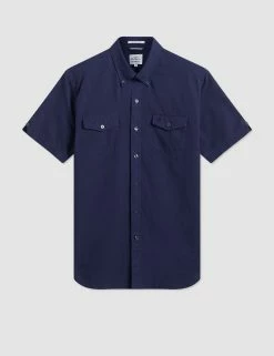 Garment Dye Short-Sleeve Linen Shirt - Navy -clothing Shop M402BEN0008NAVY FL ag5uo3