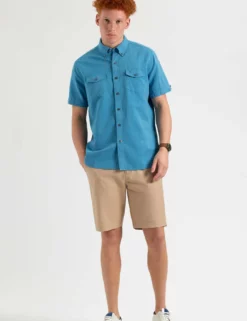 Garment Dye Short-Sleeve Linen Shirt - Parisian Blue -clothing Shop M402BEN0008PARISIANBLUE BM 1