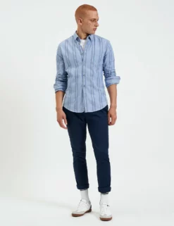 Long-Sleeve Block-Stripe Shirt - Dark Blue 7 Long-Sleeve Block-Stripe Shirt - Dark Blue -clothing Shop M407BEN0001 OCEAN BLUE CHALK STRIPE 1