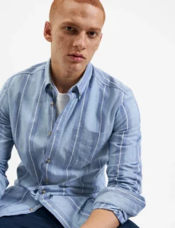 Long-Sleeve Block-Stripe Shirt - Dark Blue 6 Long-Sleeve Block-Stripe Shirt - Dark Blue -clothing Shop M407BEN0001 OCEAN BLUE CHALK STRIPE 3
