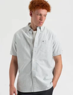 Short Sleeve Brighton Oxford Organic Shirt - Forest Green Bengal Stripe
