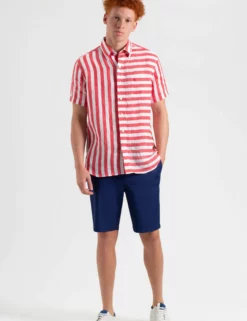 B By Ben Sherman Candy Stripe Linen Short Sleeve Shirt - Red/Ecru -clothing Shop M407BEN0010TomatoRed scaled
