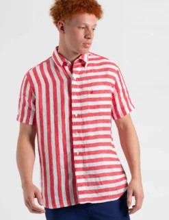 B By Ben Sherman Candy Stripe Linen Short Sleeve Shirt - Red/Ecru -clothing Shop M407BEN0010TomatoRed2 scaled