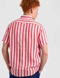 B By Ben Sherman Candy Stripe Linen Short Sleeve Shirt - Red/Ecru -clothing Shop M407BEN0010TomatoRed3 scaled
