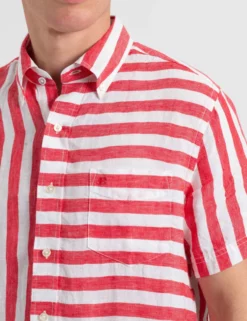 B By Ben Sherman Candy Stripe Linen Short Sleeve Shirt - Red/Ecru -clothing Shop M407BEN0010TomatoRed4 scaled