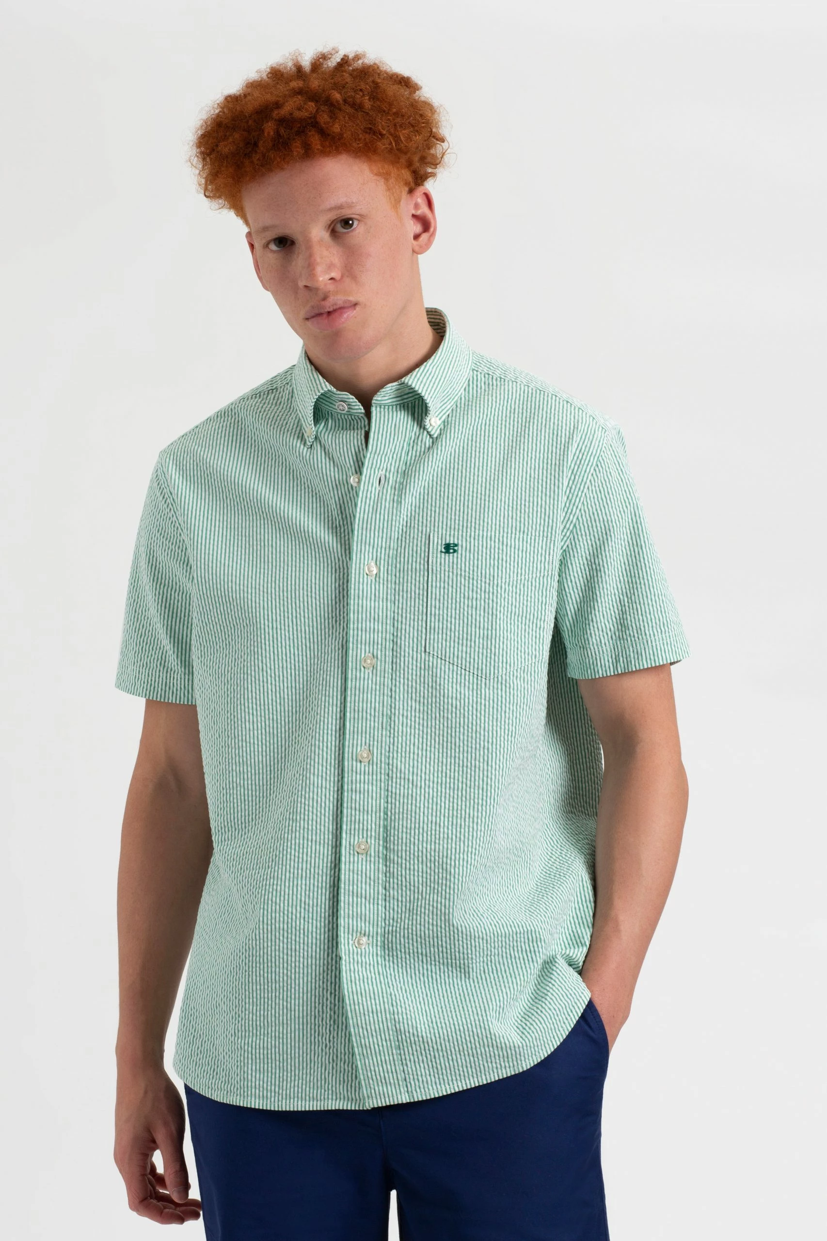 Seersucker Short Sleeve Bengal Stripe Shirt - Green/Ecru 5 Seersucker Short Sleeve Bengal Stripe Shirt - Green/Ecru - Image 5