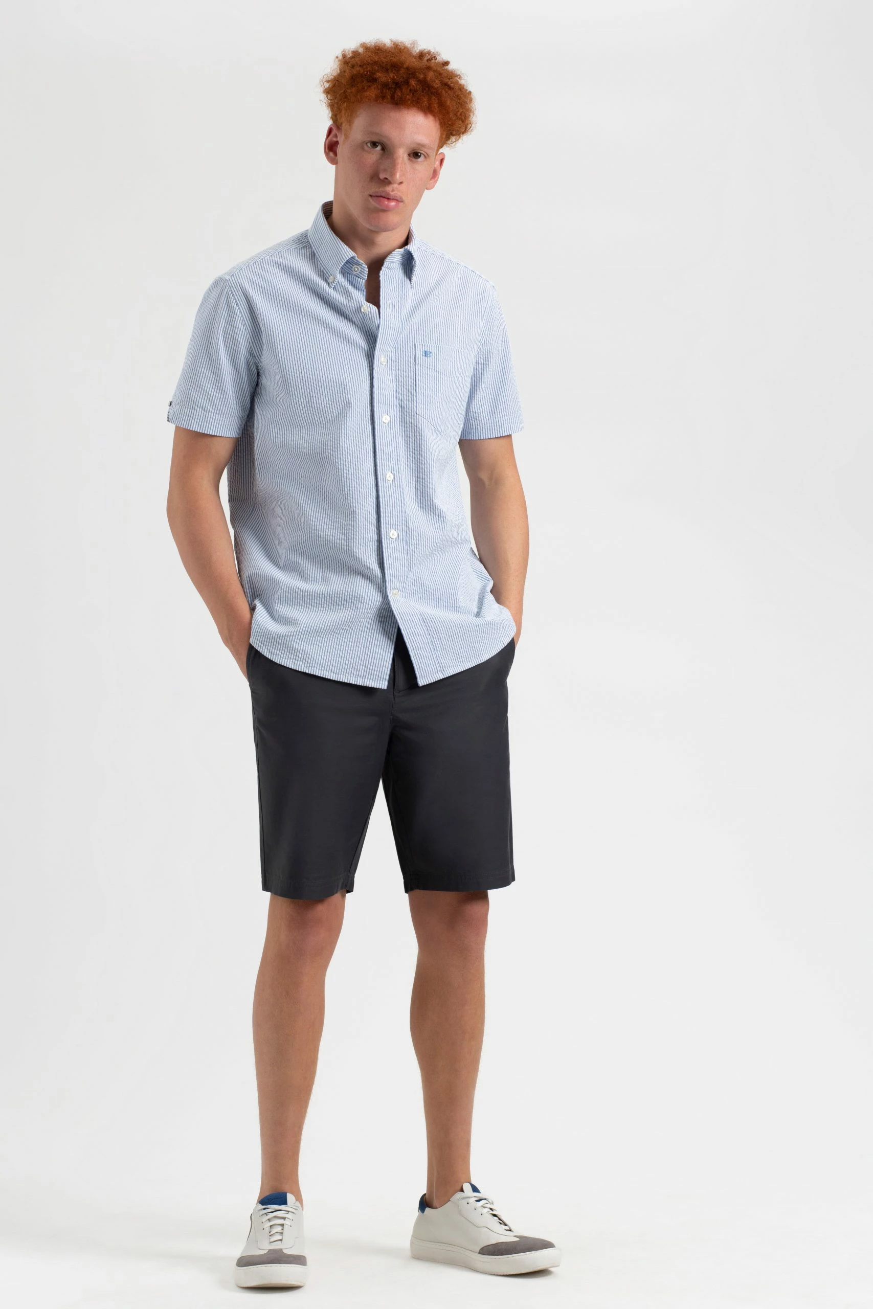 Seersucker Short Sleeve Bengal Stripe Shirt - Light Blue/Ecru 7 Seersucker Short Sleeve Bengal Stripe Shirt - Light Blue/Ecru - Image 7