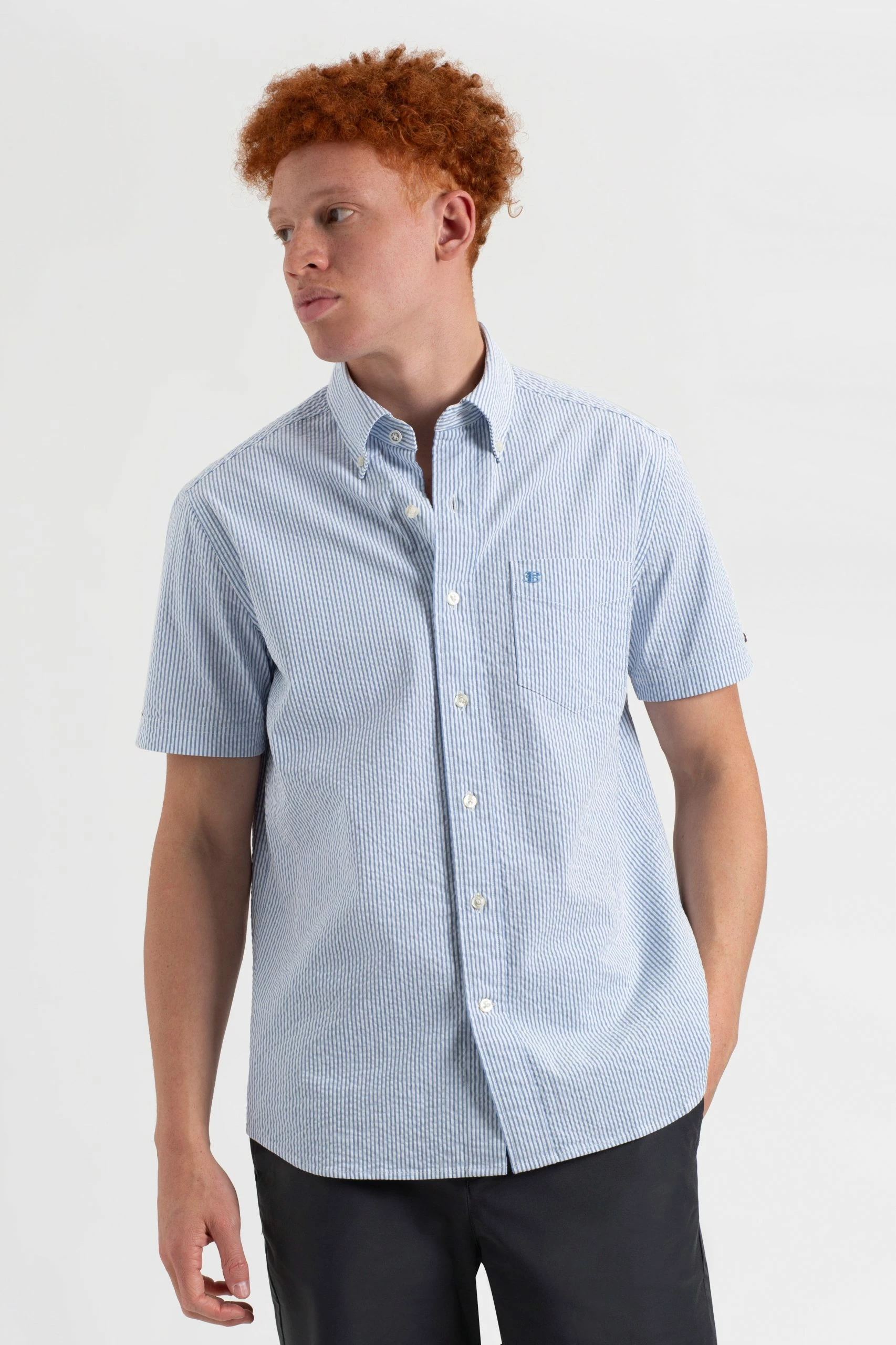 Seersucker Short Sleeve Bengal Stripe Shirt - Light Blue/Ecru 3 Seersucker Short Sleeve Bengal Stripe Shirt - Light Blue/Ecru - Image 3