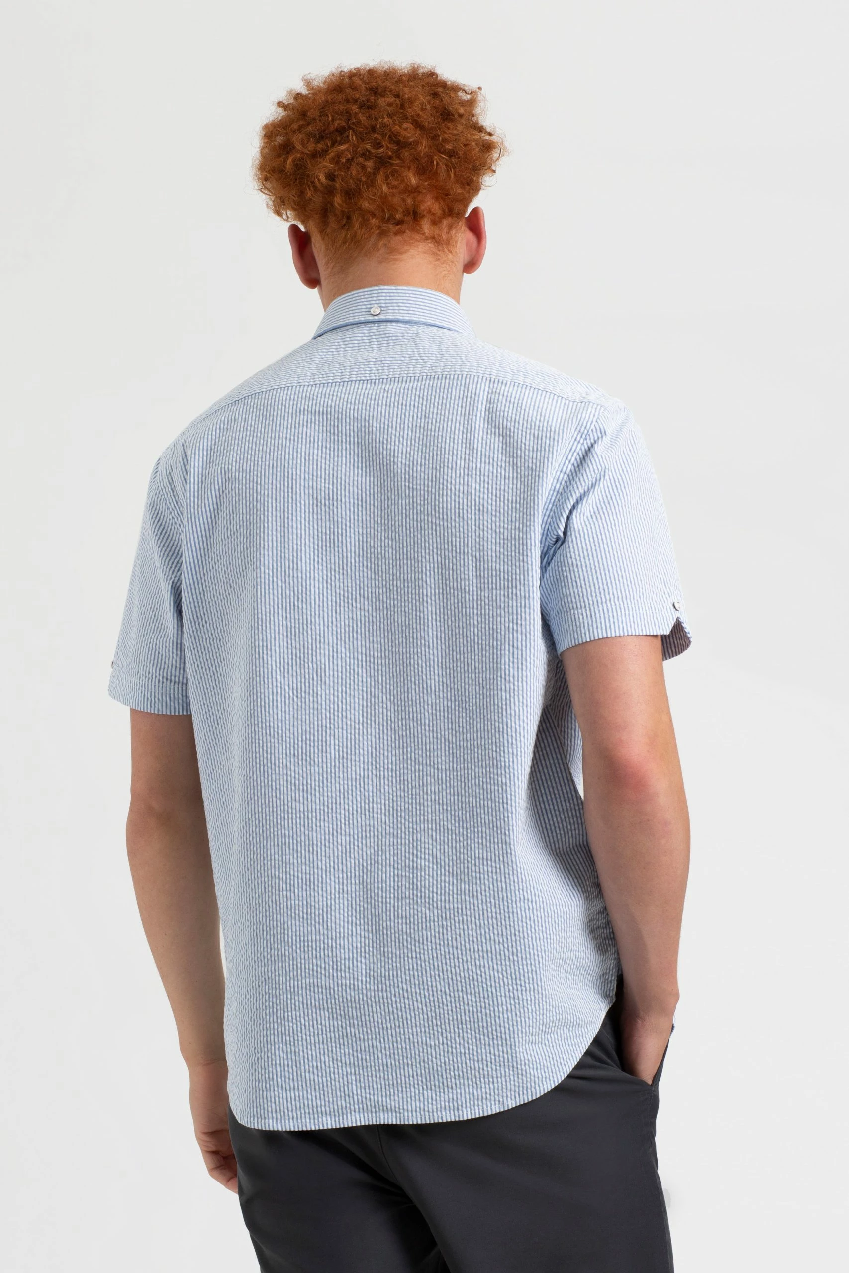 Seersucker Short Sleeve Bengal Stripe Shirt - Light Blue/Ecru 8 Seersucker Short Sleeve Bengal Stripe Shirt - Light Blue/Ecru - Image 8