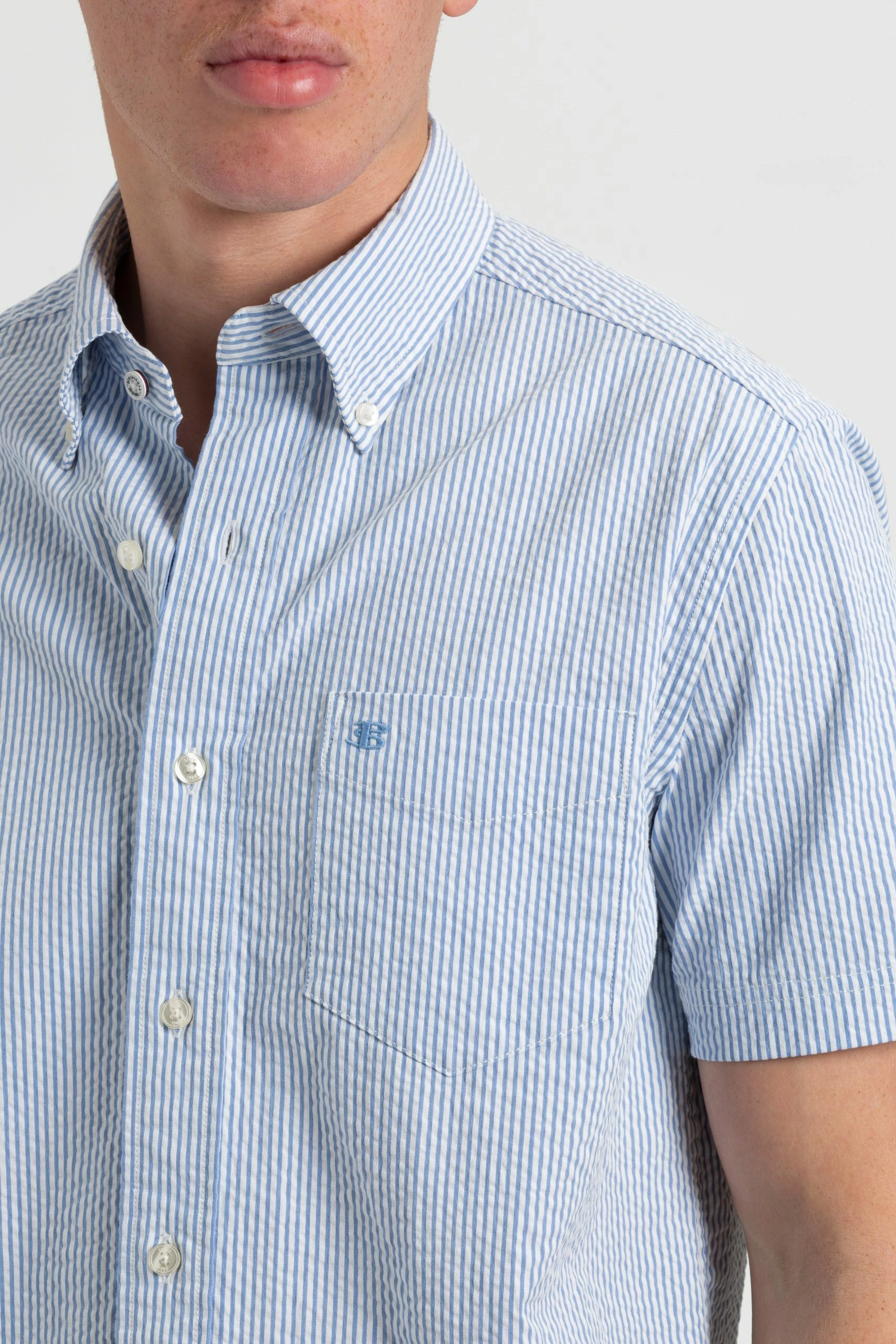 Seersucker Short Sleeve Bengal Stripe Shirt - Light Blue/Ecru 6 Seersucker Short Sleeve Bengal Stripe Shirt - Light Blue/Ecru - Image 6