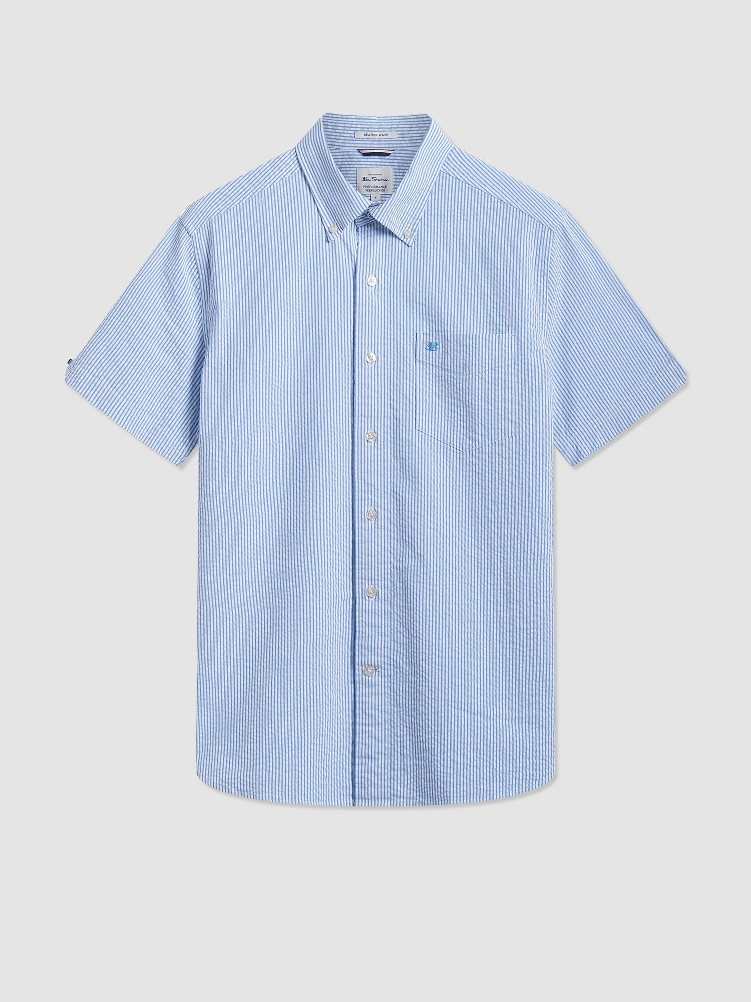 Seersucker Short Sleeve Bengal Stripe Shirt - Light Blue/Ecru 4 Seersucker Short Sleeve Bengal Stripe Shirt - Light Blue/Ecru - Image 4