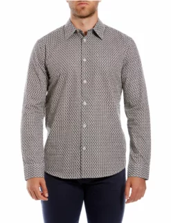 Long-Sleeve Parquet Geo Print Shirt - Off White