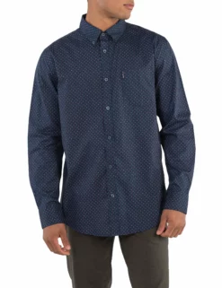 Long-Sleeve Two-Color Geo Print Shirt - Navy Blazer
