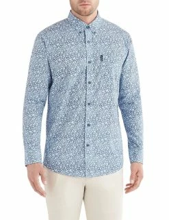 Long-Sleeve Leaves Over Gingham Shirt - Light Blue