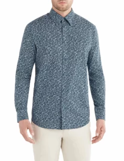 Long-Sleeve Tonal Floral Print Shirt - Navy