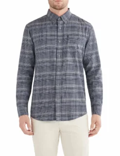 Long-Sleeve Herringbone Mini Check Shirt - Blue Grey