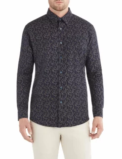Long-Sleeve Dot Floral Print Shirt - Dark Navy