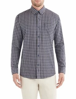 Long-Sleeve Brushed Mini Check Shirt - Navy