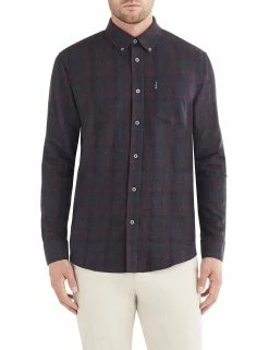 Long-Sleeve Brushed Tonal Plaid Shirt - Wine