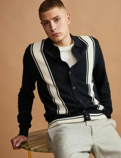 Mod Striped Long-Sleeve Knit Polo - Black