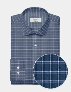 Custom Performance Shadow Plaid Herringbone Shirt - Navy