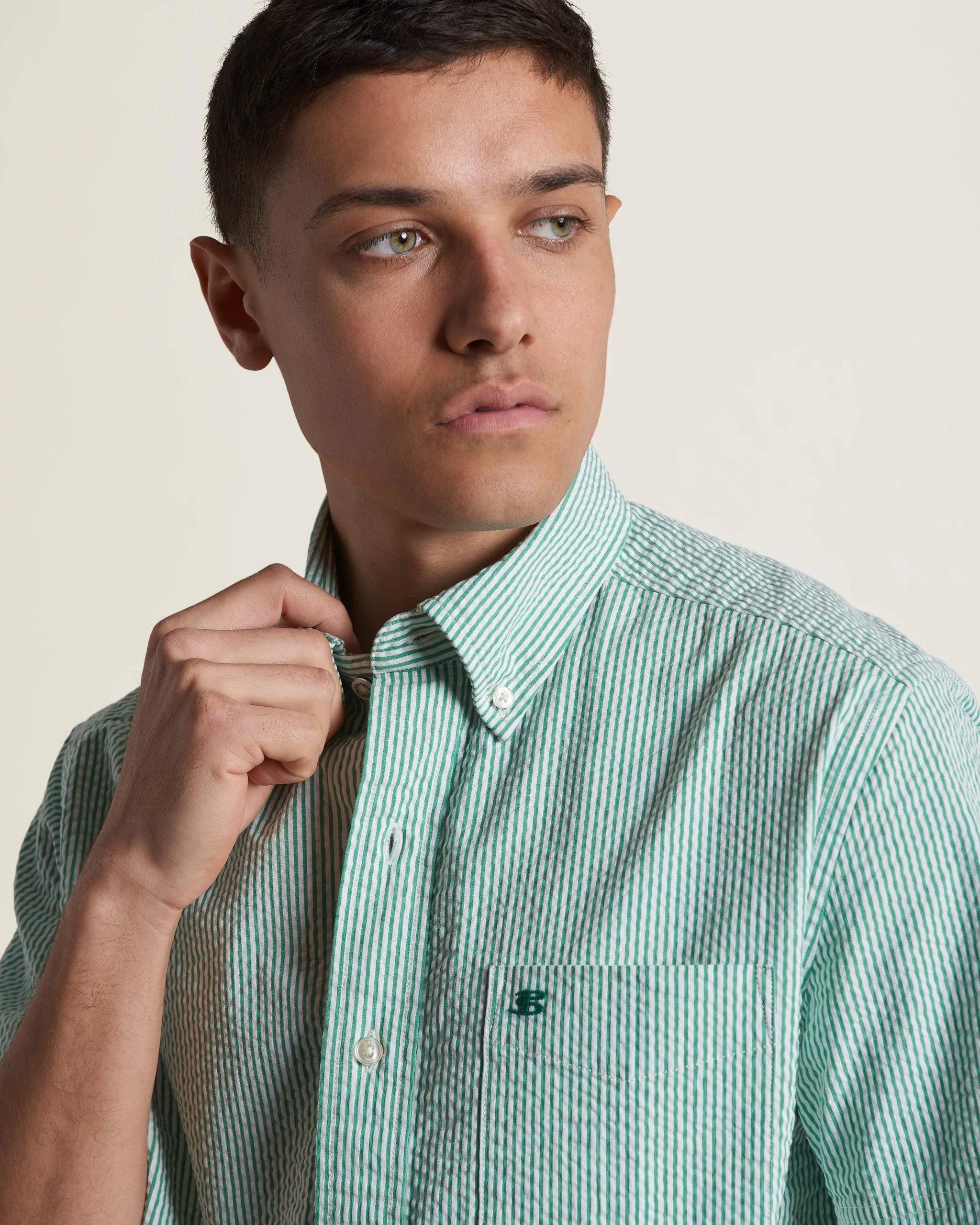 Seersucker Short Sleeve Bengal Stripe Shirt - Green/Ecru 1 Seersucker Short Sleeve Bengal Stripe Shirt - Green/Ecru