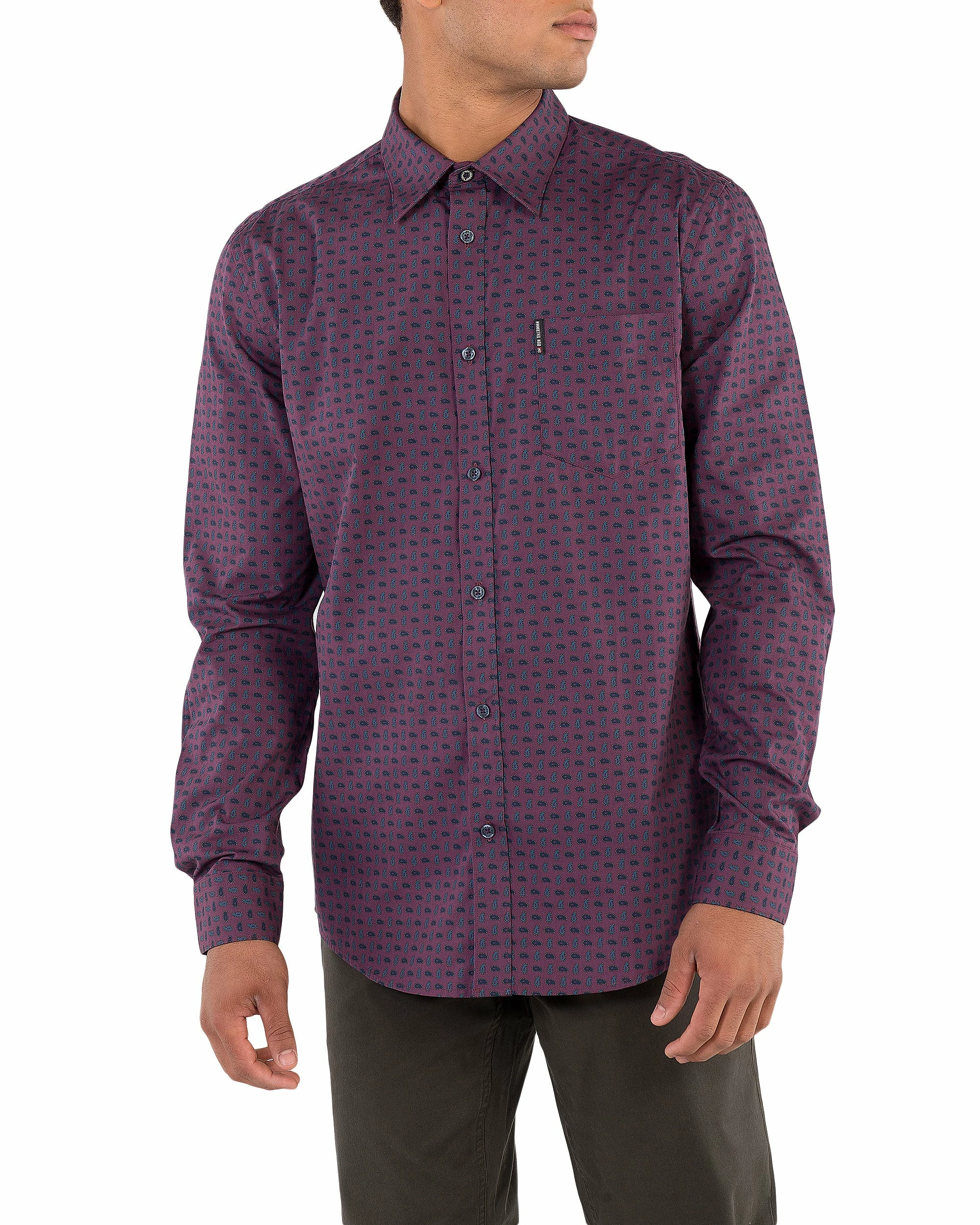 Long-Sleeve Geo Paisley Print Shirt - Wine 1 Long-Sleeve Geo Paisley Print Shirt - Wine