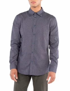 Long-Sleeve Retro Geo Print Shirt - Navy