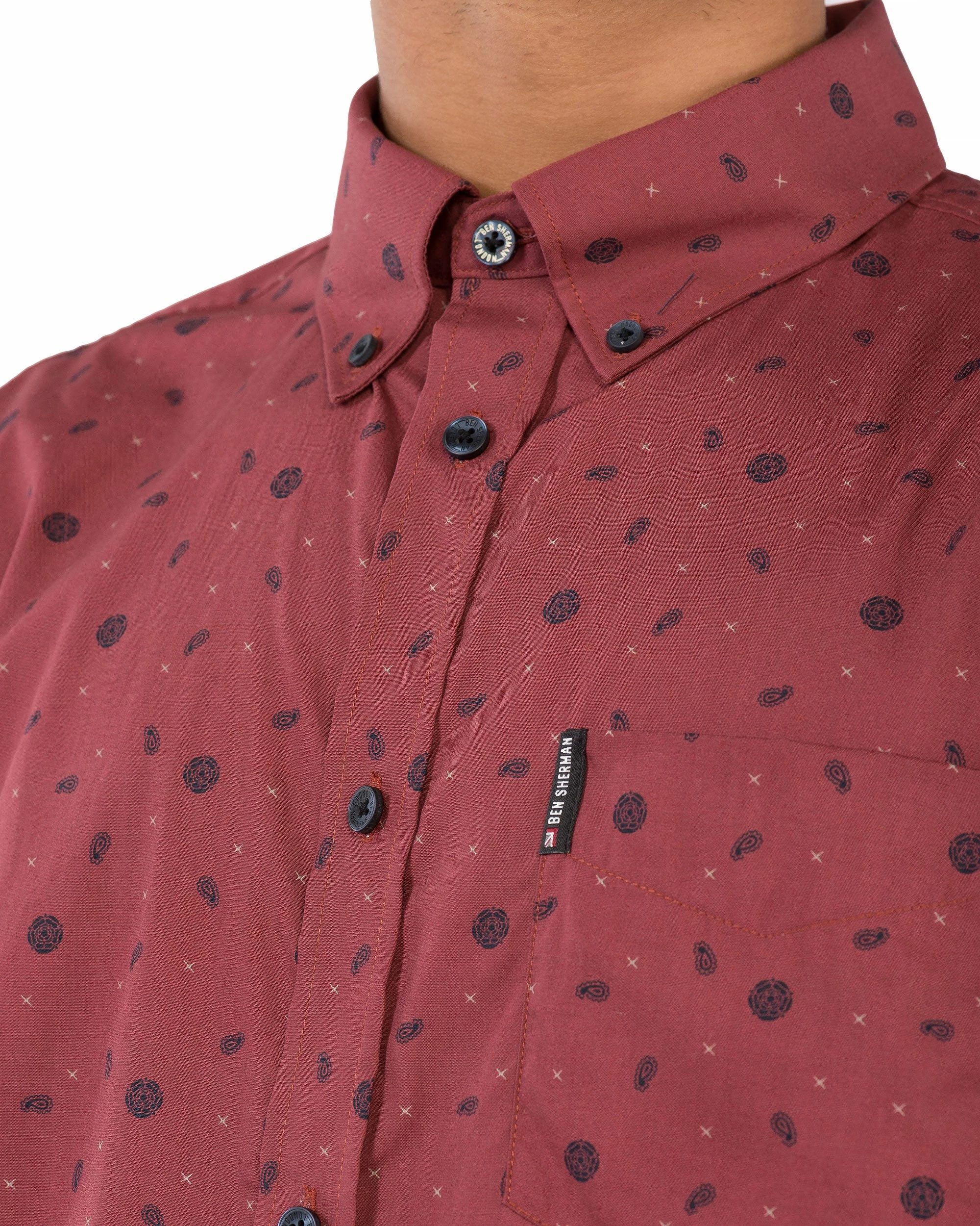 Long-Sleeve Scatter Rose Print Shirt - Burnt Orange 5 Long-Sleeve Scatter Rose Print Shirt - Burnt Orange - Image 5