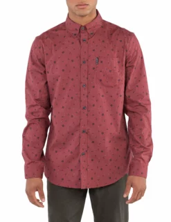 Long-Sleeve Scatter Rose Print Shirt - Burnt Orange