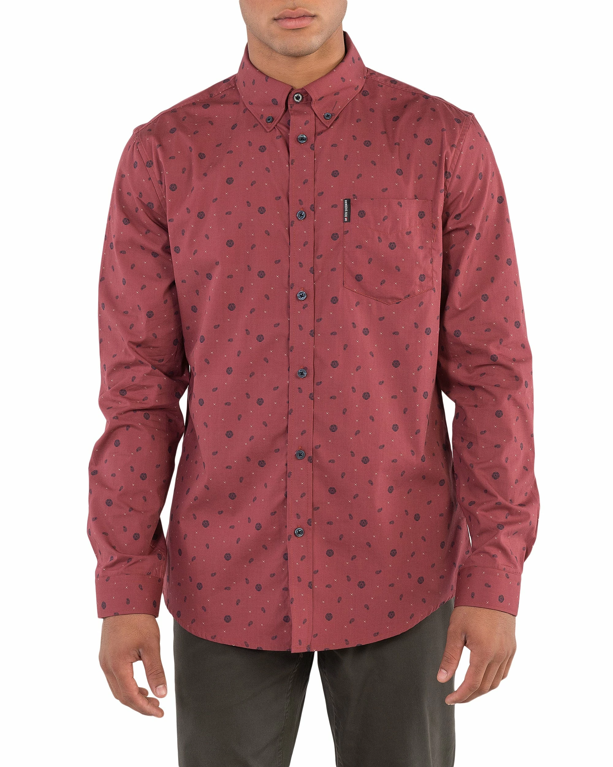Long-Sleeve Scatter Rose Print Shirt - Burnt Orange 1 Long-Sleeve Scatter Rose Print Shirt - Burnt Orange