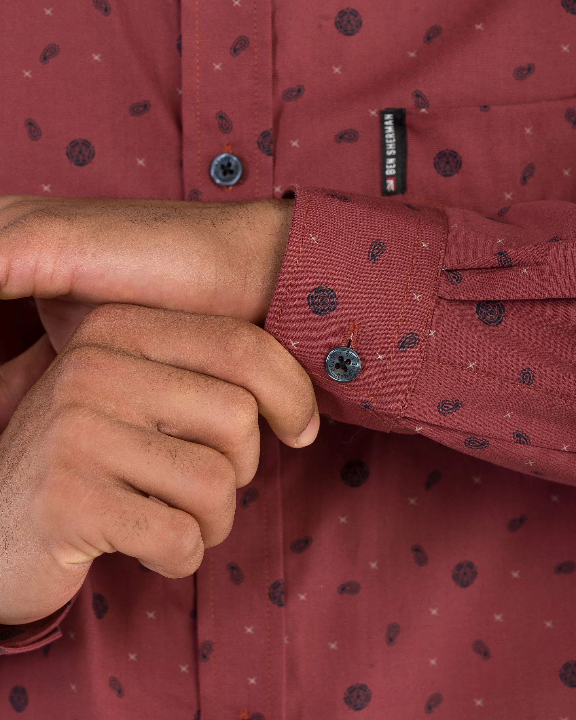 Long-Sleeve Scatter Rose Print Shirt - Burnt Orange 4 Long-Sleeve Scatter Rose Print Shirt - Burnt Orange - Image 4