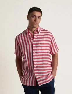 B By Ben Sherman Candy Stripe Linen Short Sleeve Shirt - Red/Ecru